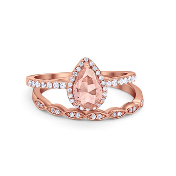 Art Deco Teardrop Piece Wedding Bridal Ring Rose Tone, Simulated Morganite CZ 925 Sterling Silver